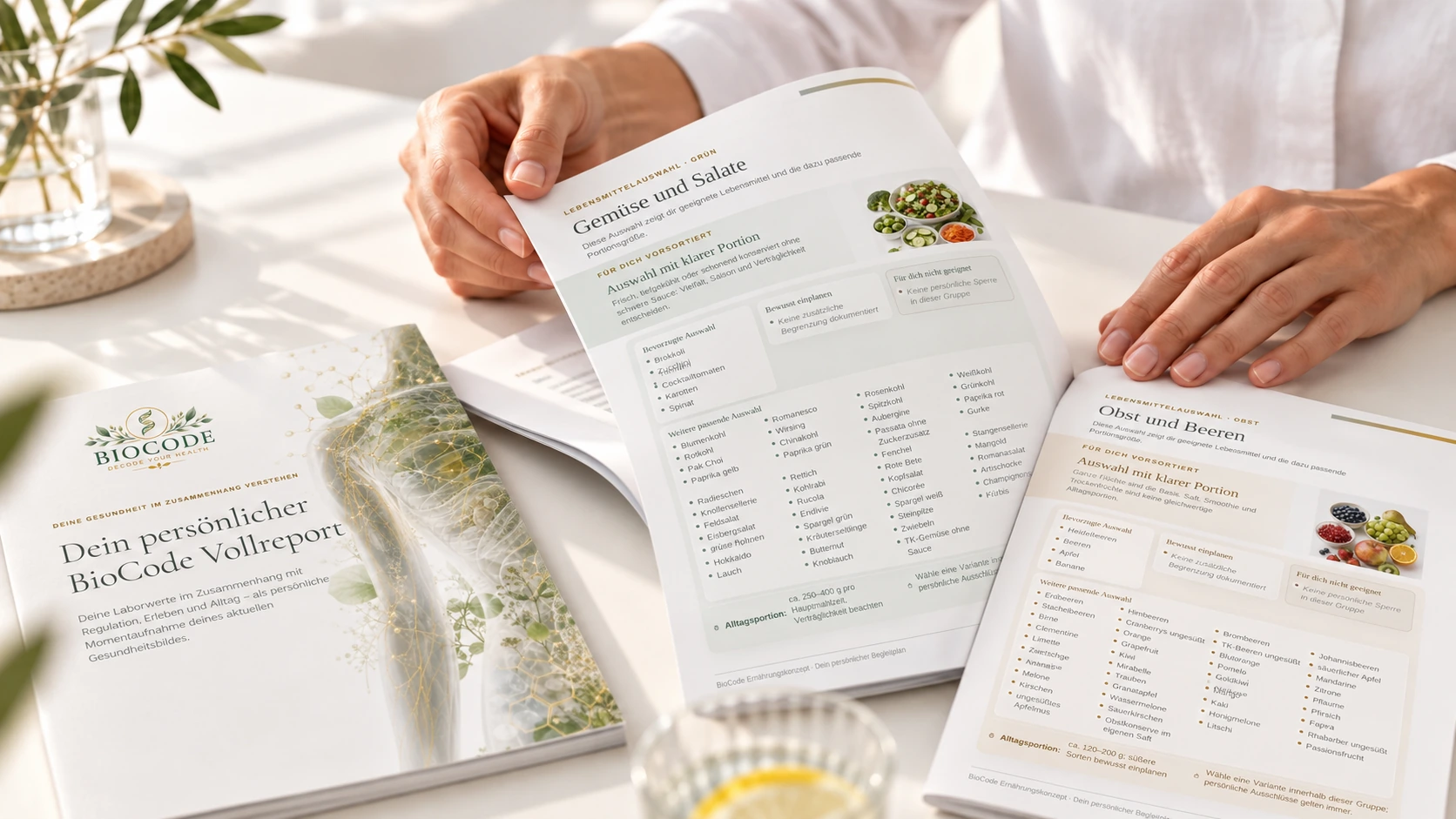 Ausgewähltes Reportmotiv: Hände mit geöffnetem Ernährungsplan und BioCode-Report