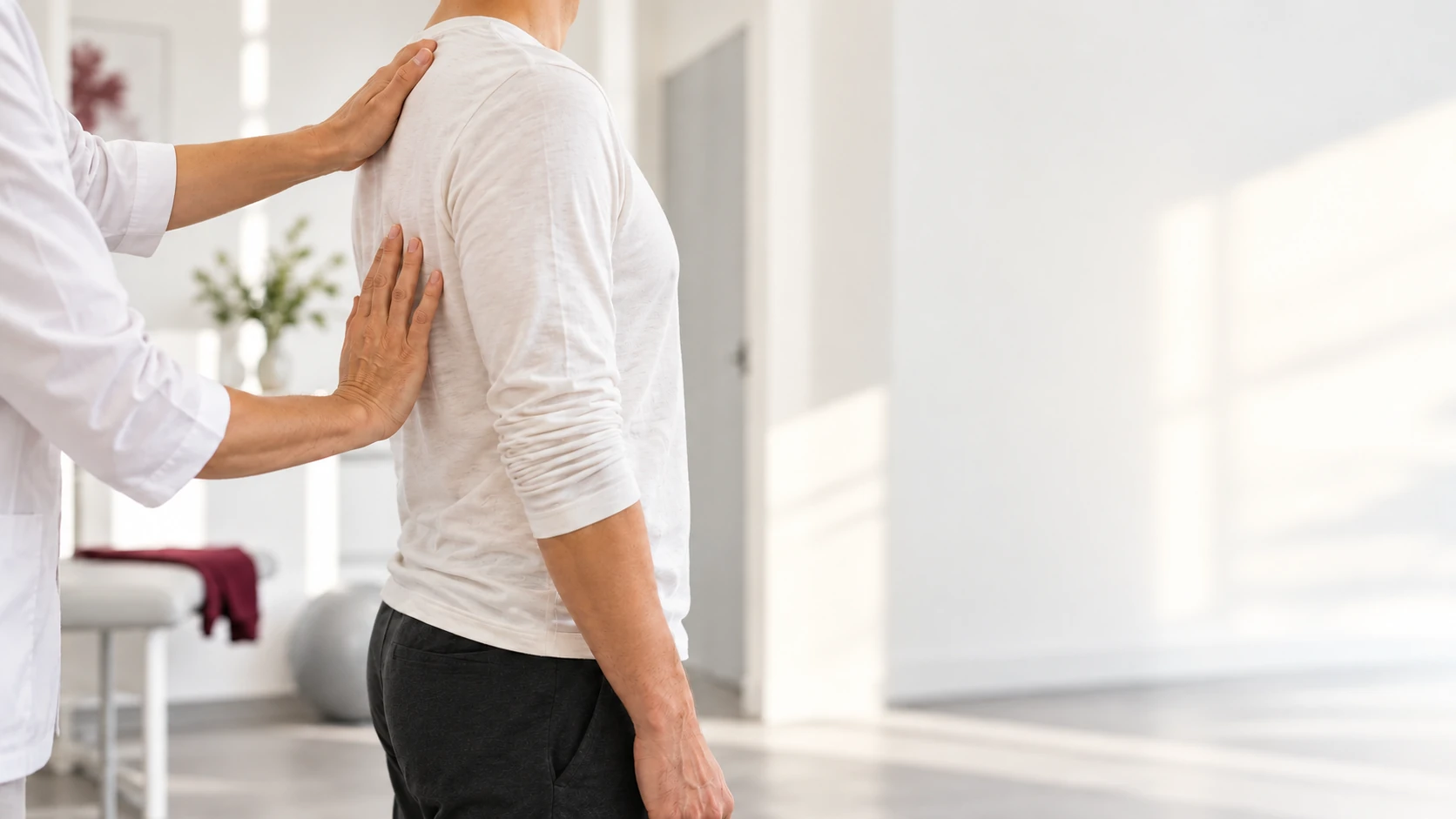 Illustrative Therapieszene: funktionelle Untersuchung von Schulter und oberem Rücken