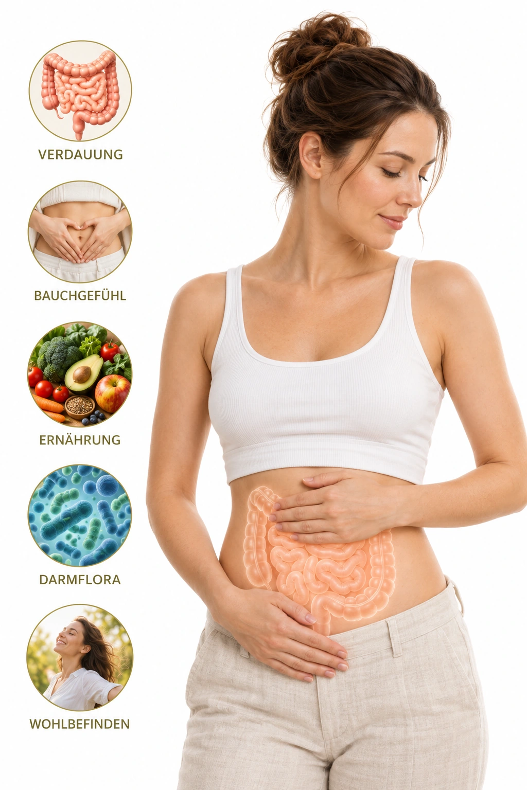 Frau mit Händen am Bauch; Themenbilder zu Verdauung, Bauchgefühl, Ernährung, Darmflora und Wohlbefinden