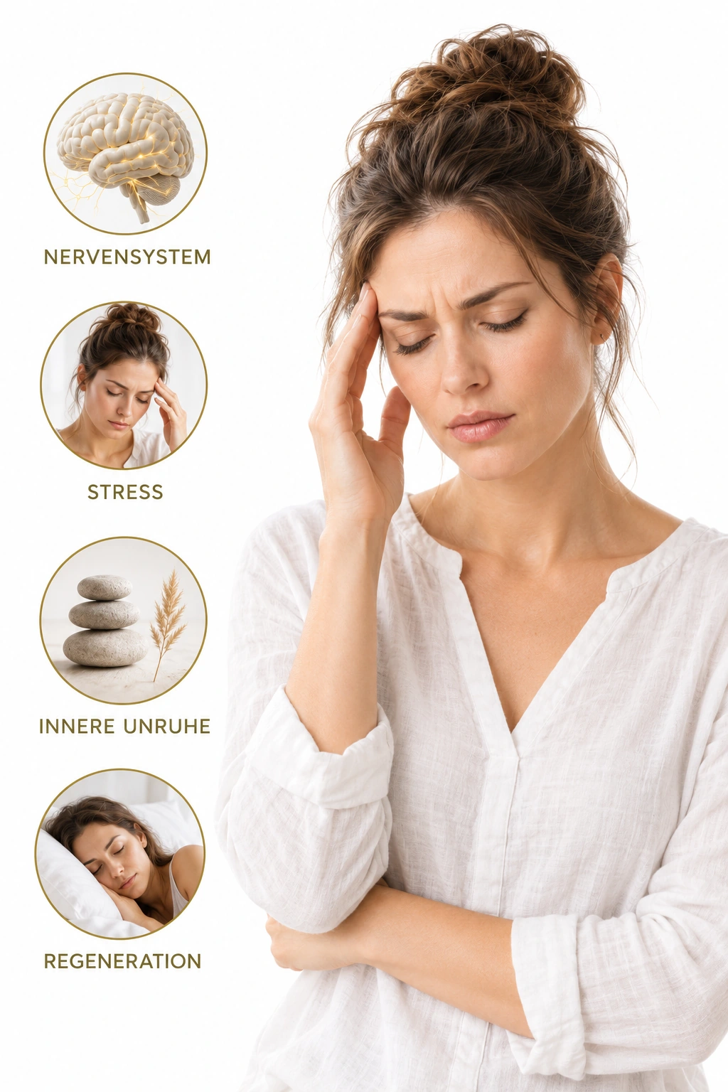 Frau mit Hand an der Schläfe; Themenbilder zu Nervensystem, Stress, innerer Unruhe und Regeneration