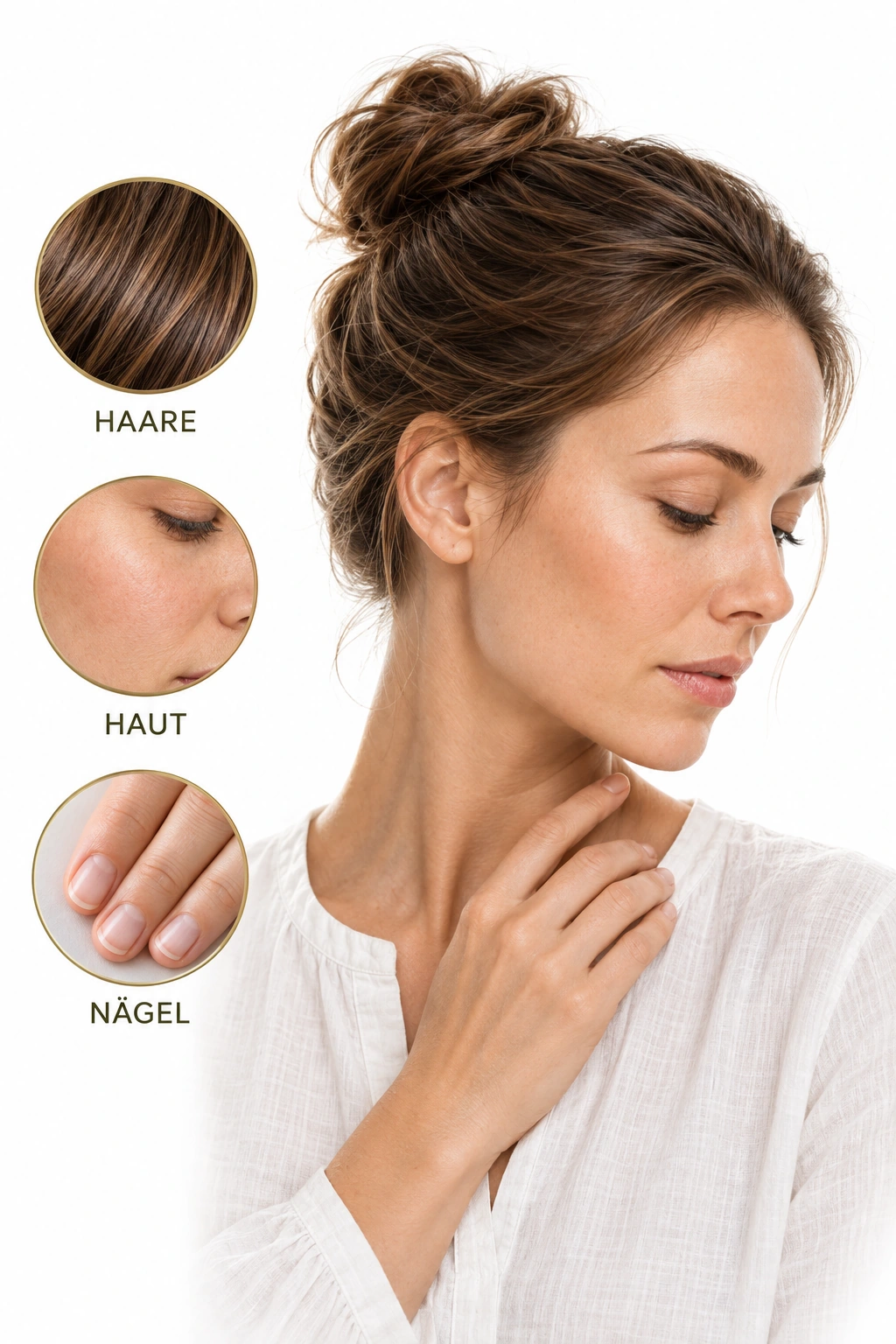 Frau mit natürlichem Haar und sichtbarer Hand; Detailaufnahmen von Haaren, Haut und Nägeln