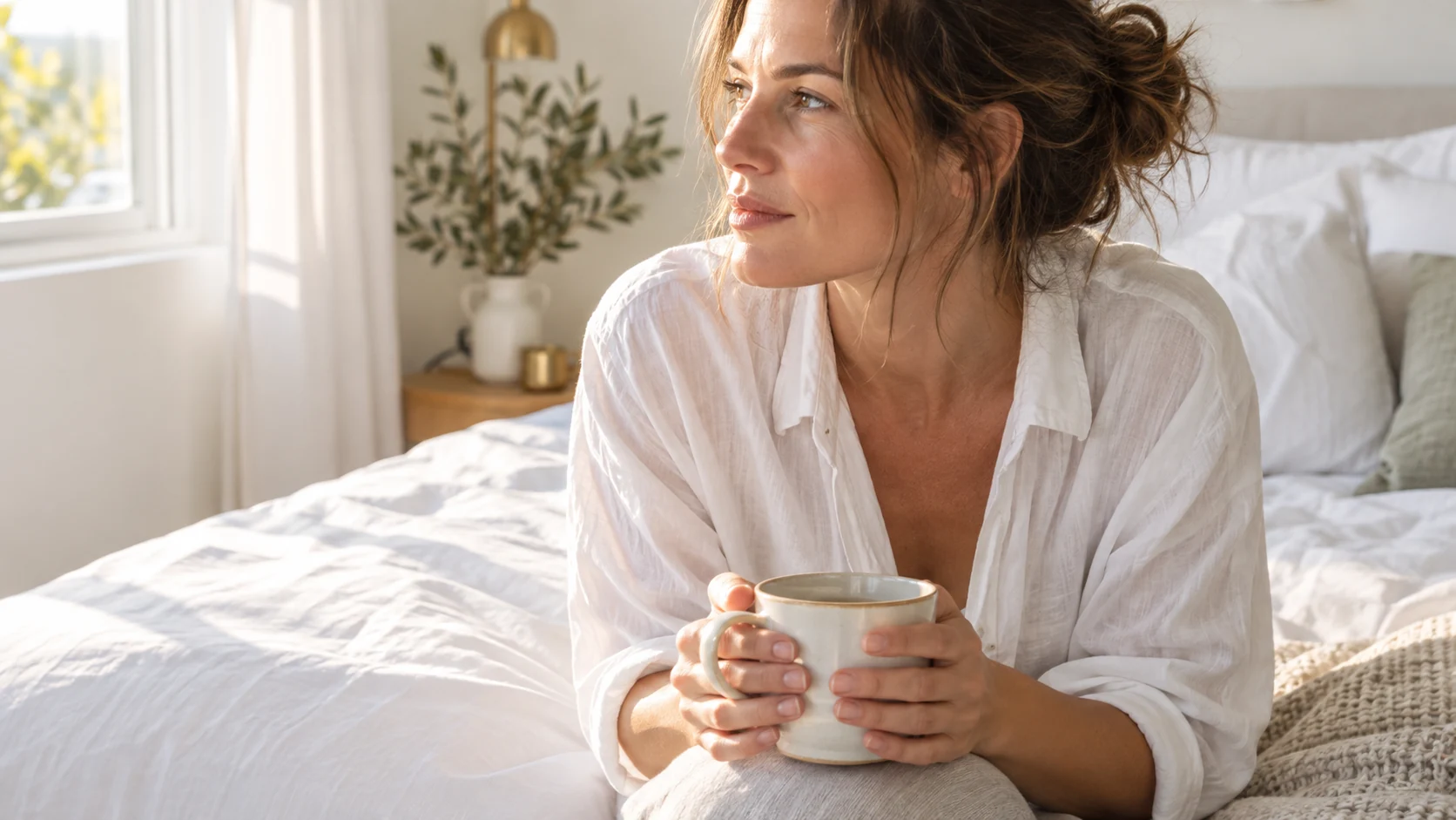 Eine erwachsene Frau hält morgens eine Tasse am Fenster; illustrative Alltagsszene in warmem Licht.